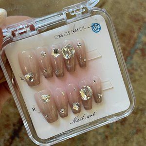 diamond star pink color press-on nail set of 5